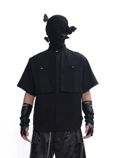 Stand Neck Half-Length Double Placket Pocket Short Sleeve Shirt WN18644