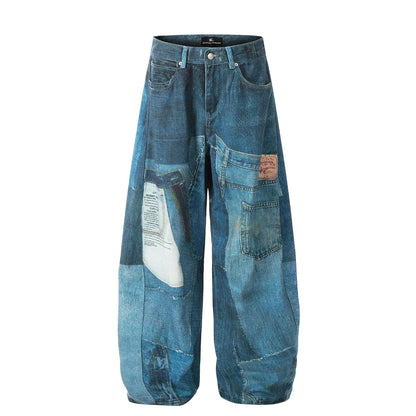 Washed Irregular Print Wide Leg Curved Denim Jeans WN25883