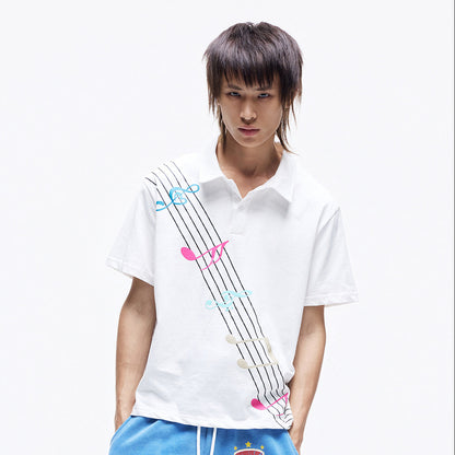 Colorful Music Staff Print Short Sleeve Polo Shirt WN27271