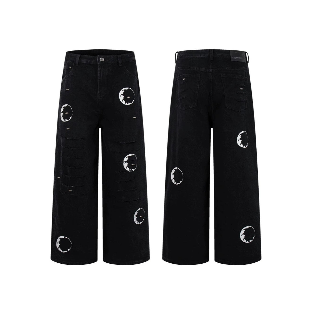 Ripped Circle Print Wide Leg Denim Jeans WN27892