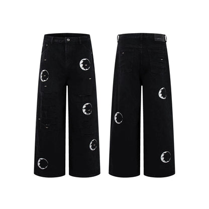 Ripped Circle Print Wide Leg Denim Jeans WN27892