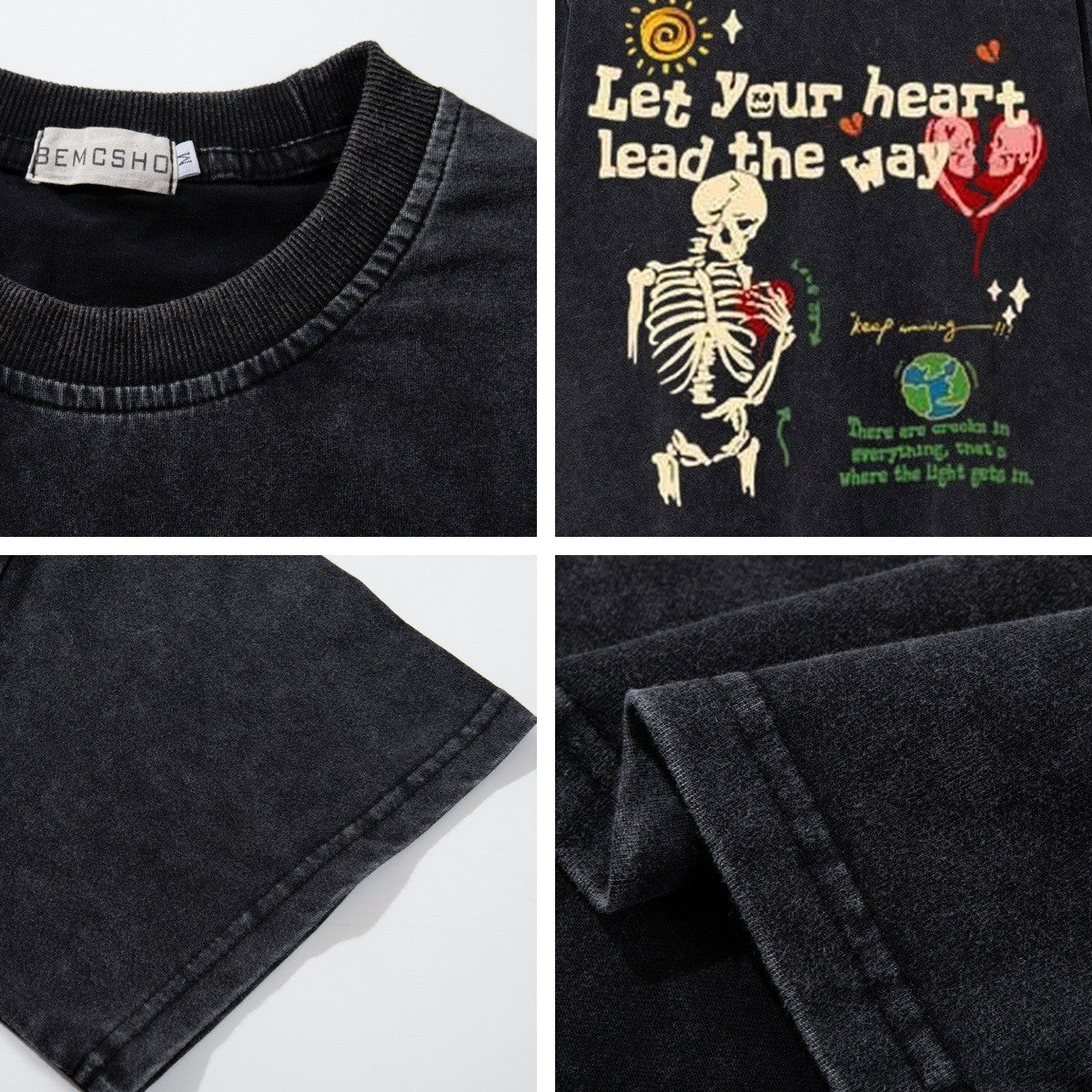 Washed Skeleton Letter Short Sleeve T-Shirt WN26757