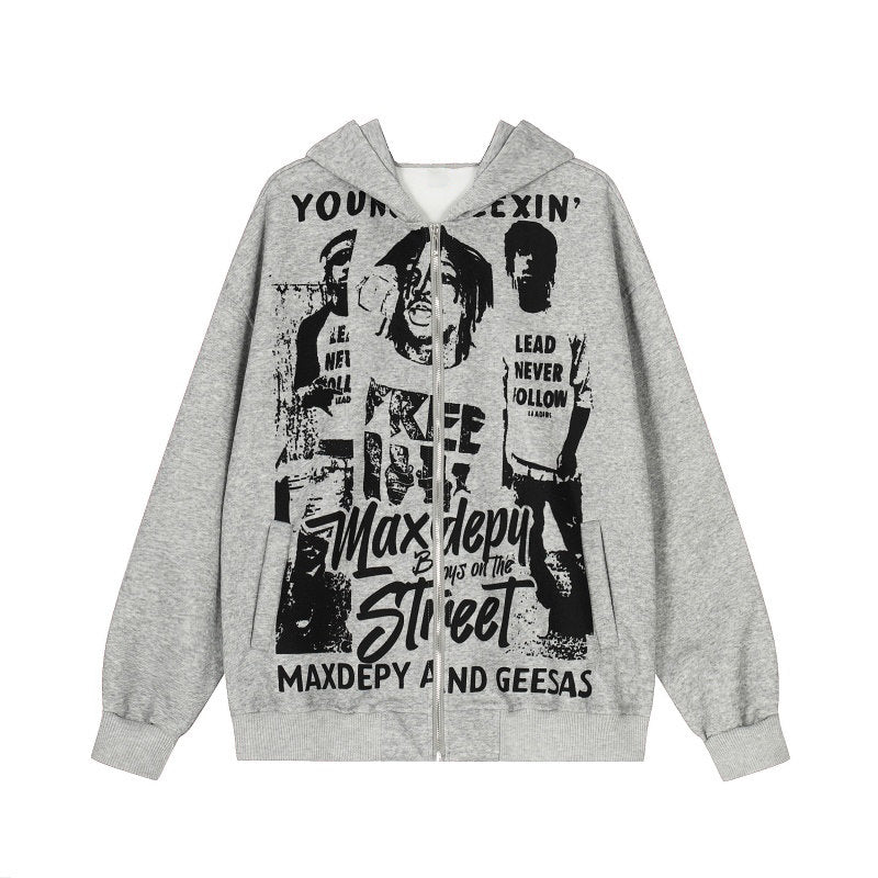 Portrait Letter Graffiti Print Zipper Hoodie WN24271