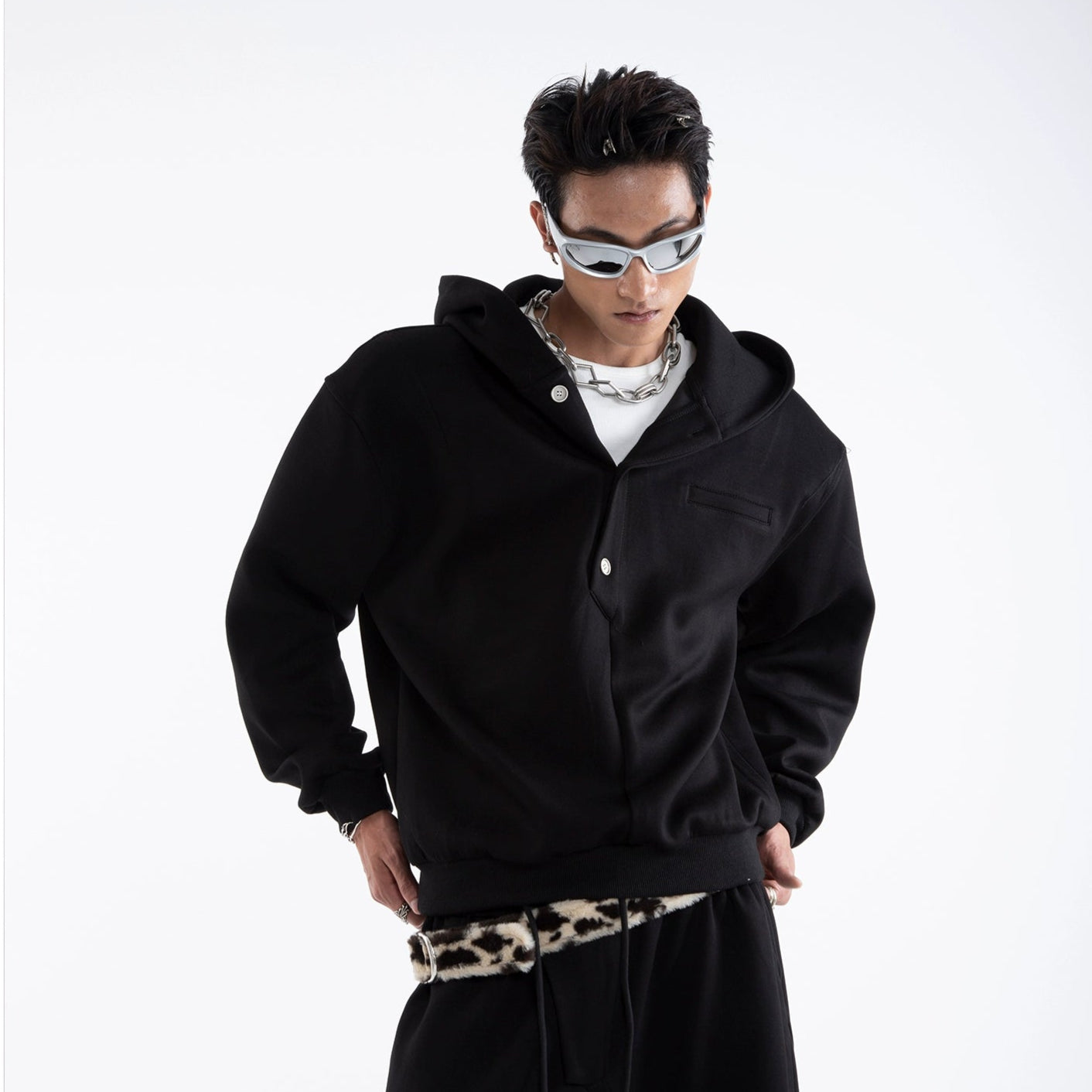 Multi-Button Zipper Hoodie & Wide Leg Sweatpants Setup WN20645