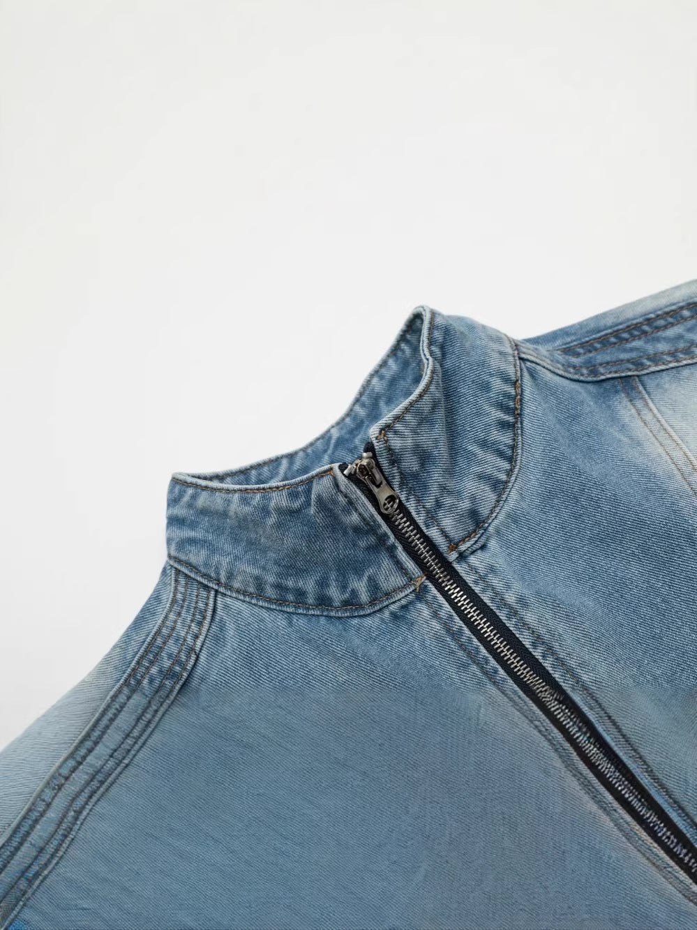 Faded Panel Stand Neck Denim Jacket WN28058