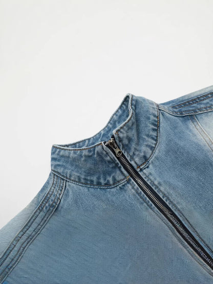 Faded Panel Stand Neck Denim Jacket WN28058