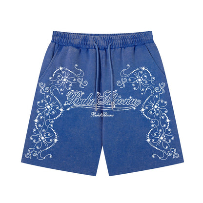 Washed Rhinestone Print Half Pants WN26942