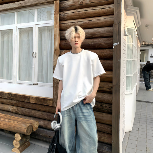 Shoulder-Pad Patchwork Oversize Short Sleeve T-Shirt WN19875