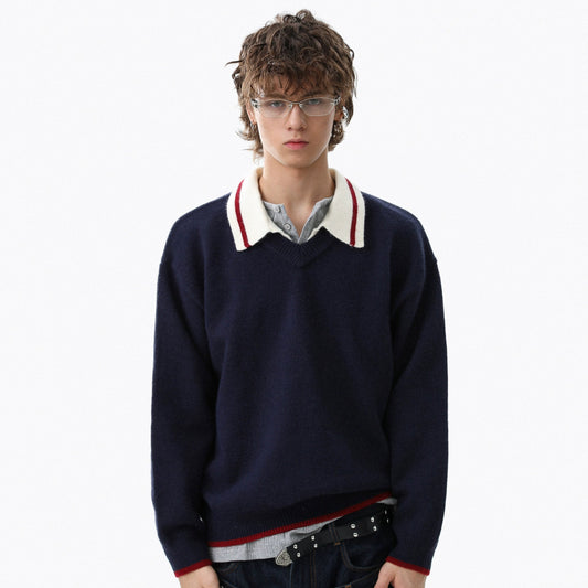 Fake Layered Colorblock Polo Knit Sweater WN22103