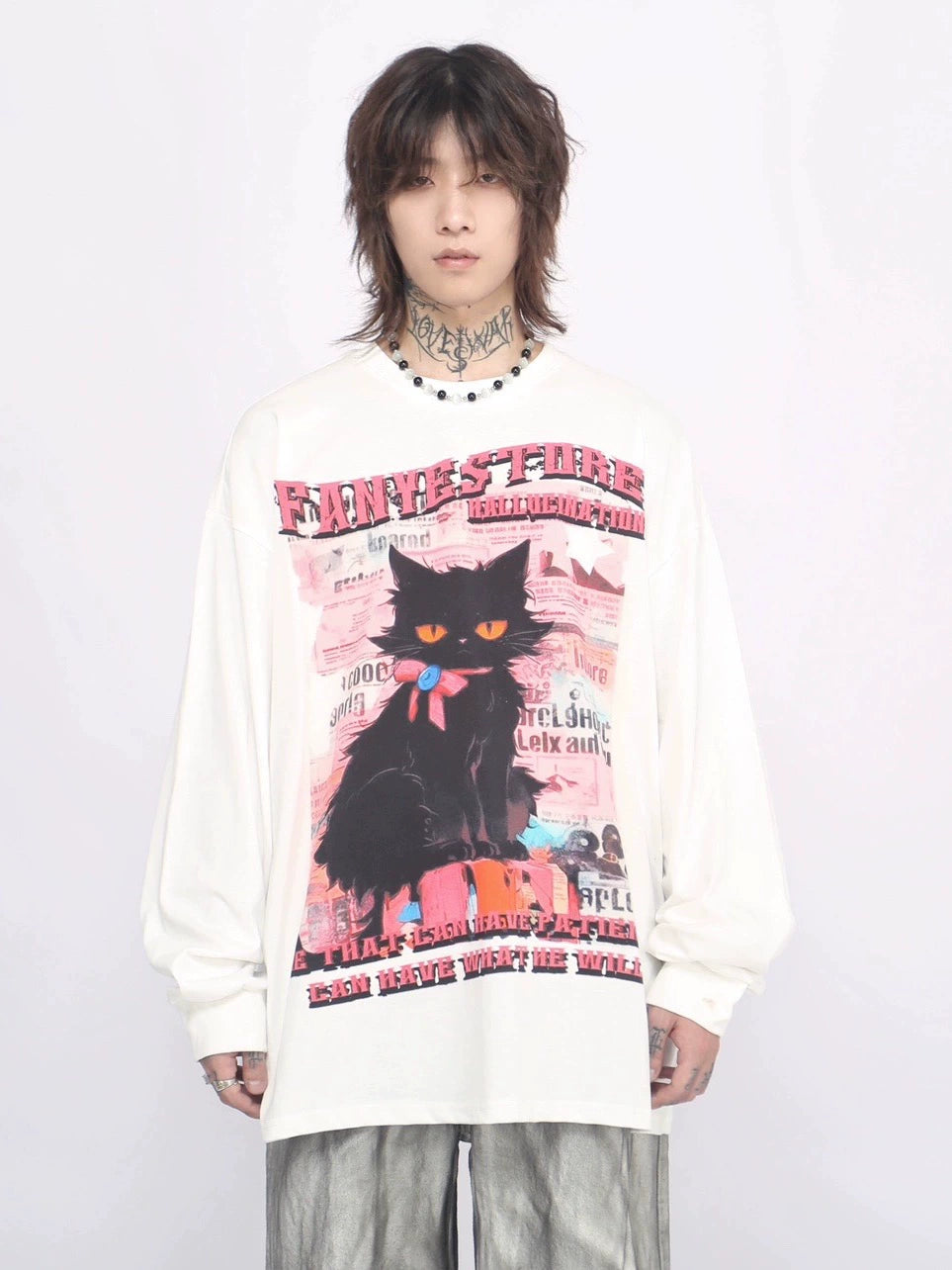 Black Cat Print Oversize Long Sleeve T-Shirt WN8401