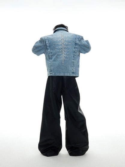 Washed Studs Spine Short Denim Zipper Jacket WN16329