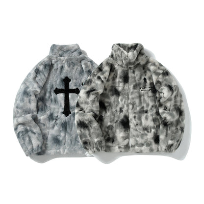 Gradient Tie-Dye Cross Embroidery Fake Rabbit Fur Puffer Jacket WN11005