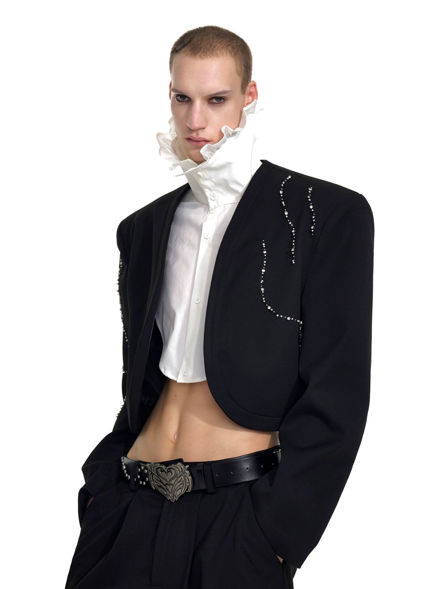 Collarless Shoulder-Pad Rhinestone Tailored Jacket & Rhinestone Trousers Setup WN20924