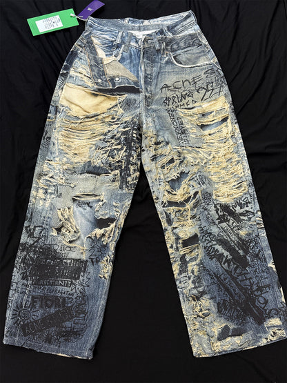 3D Graffiti Print Washed Wide Leg Denim Jeans WN18595