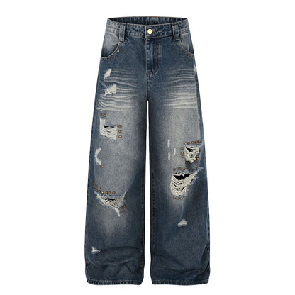 Wash Rivet Damage Wide Leg Denim Jeans WN25573