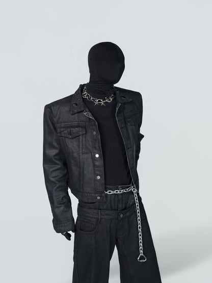 Wax Coated Short Denim Jacket & Wax Coated Wide Leg Denim Jeans Setup WN24302