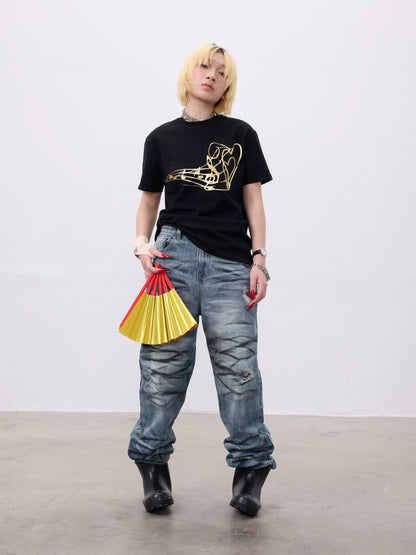 Music Note Heart Foil Print Slim Short Sleeve T-Shirt WN19074