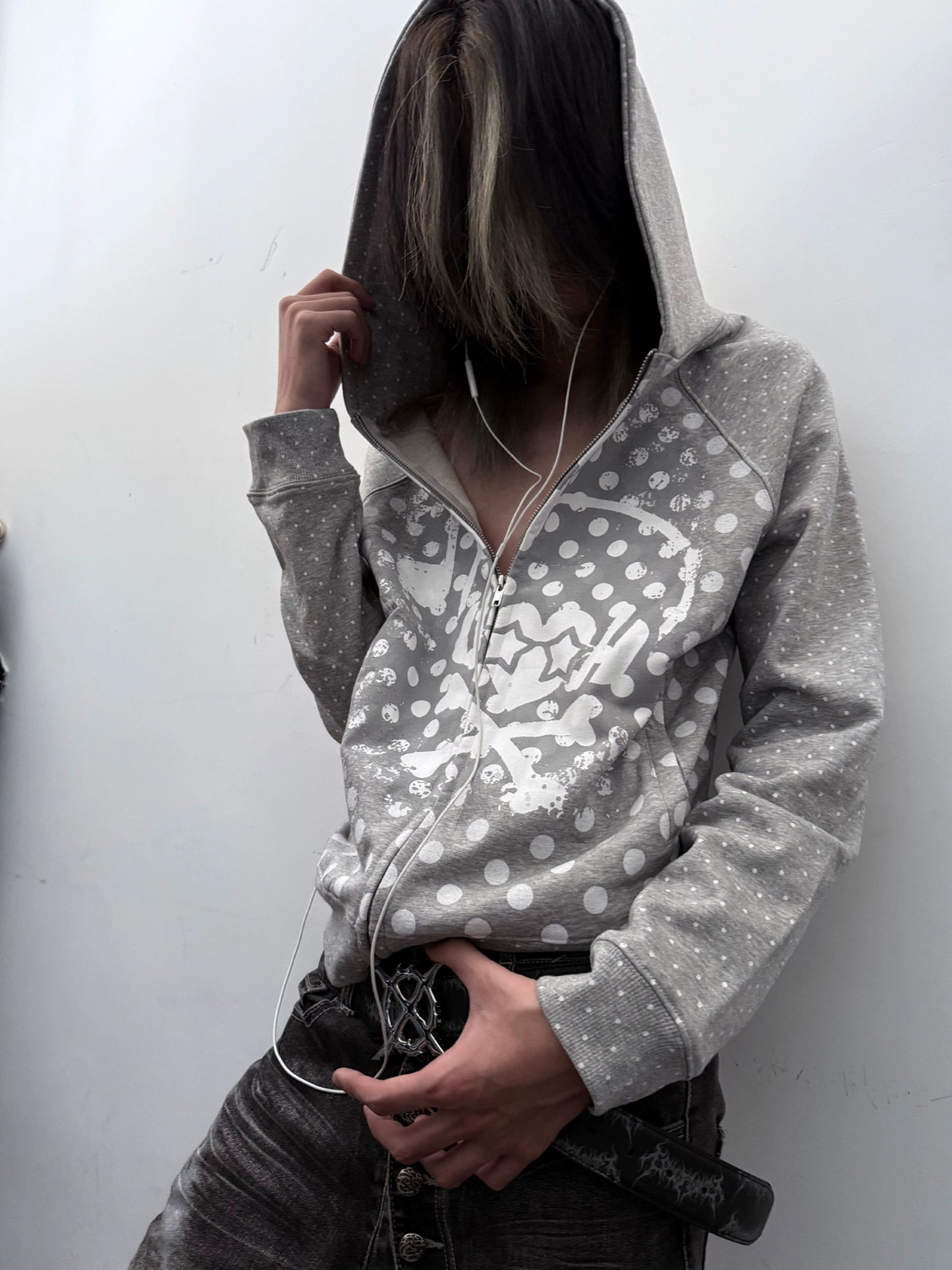 Polka Dot Headphone Skull Note Zipper Hoodie WN20917