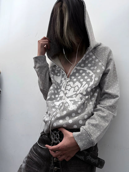 Polka Dot Headphone Skull Note Zipper Hoodie WN20917