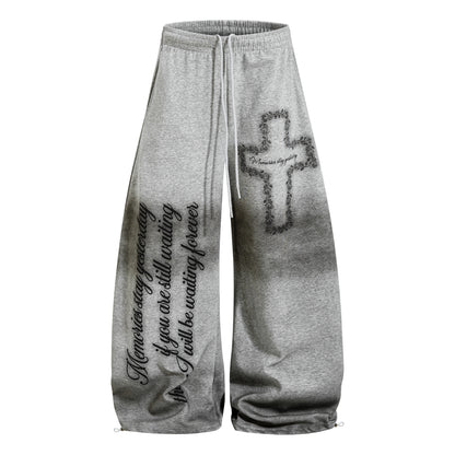 Cross Letter Print Washed Wide Leg Sporty Pants WN24483