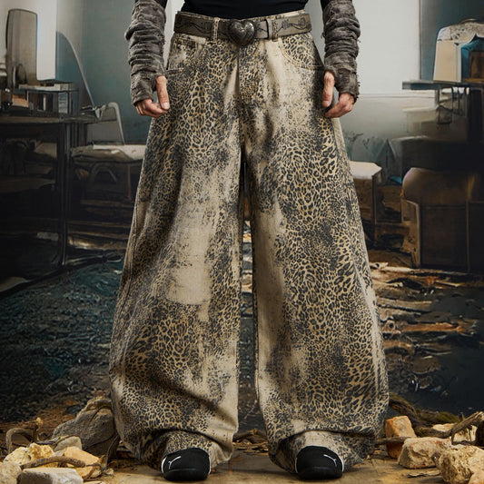 Leopard Print Washed Damage Wide Leg Curved Denim Jeans WN22758