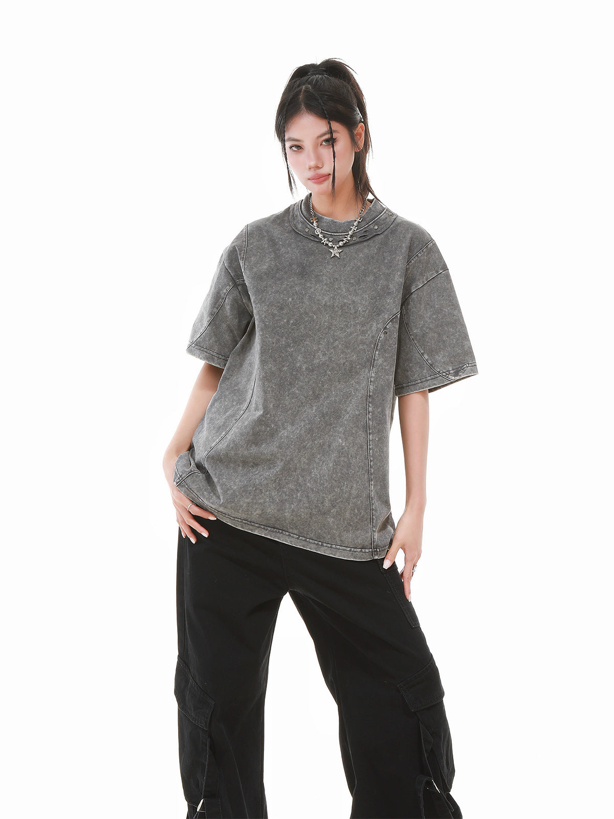 Heavy Washed Fade Stitching Short Sleeve T-Shirt WN25671