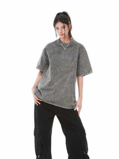 Heavy Washed Fade Stitching Short Sleeve T-Shirt WN25671