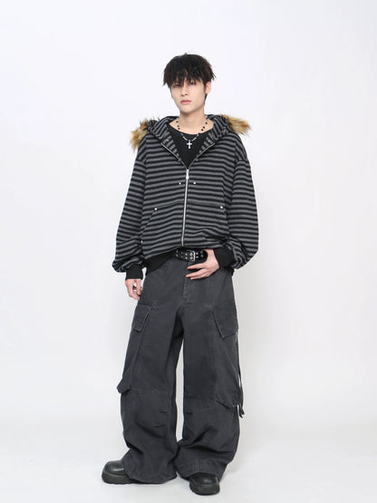 Stripe Detachable Fur Collar Zipper Hoodie WN21027