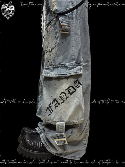 Paint Splash Damage Cargo Wide Leg Denim Jeans & Skull Belt & Belt Chain WN23817