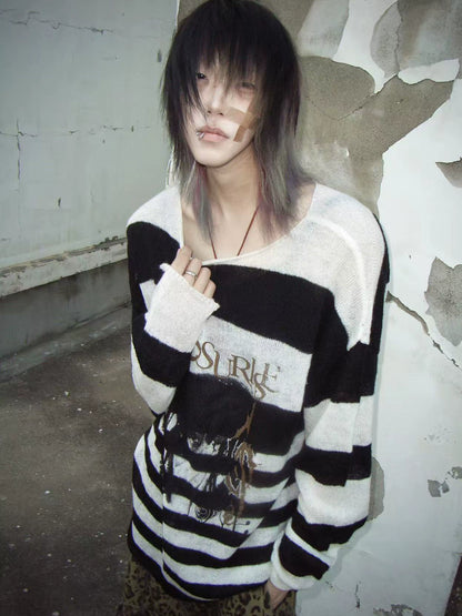 Graphic Letter Print Stripe Knit Sweater WN20897