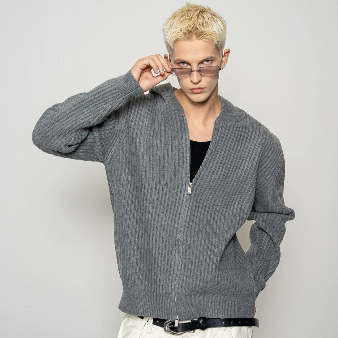 Ribbed Hooded Knit Cardigan WN20879