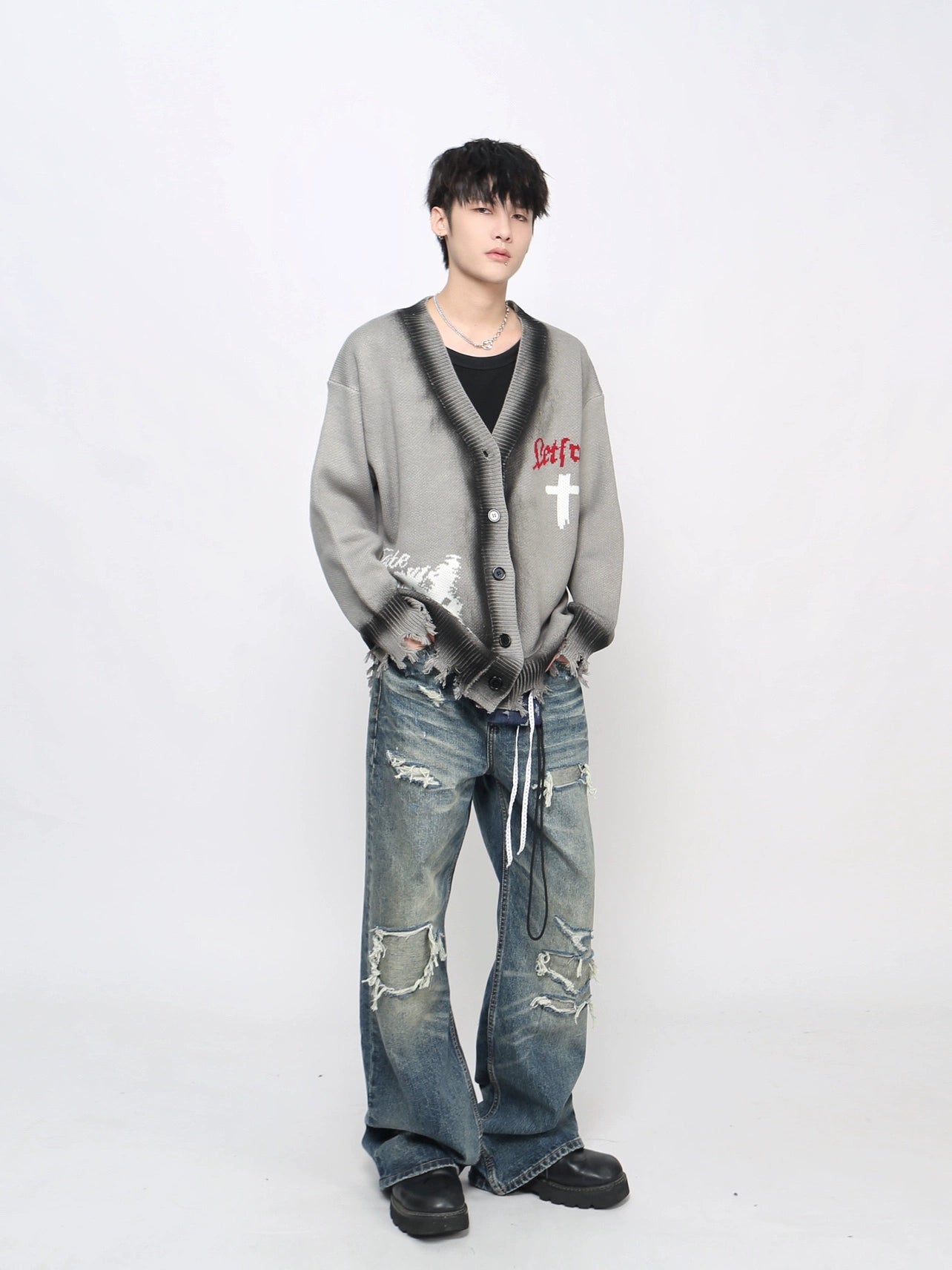 Spray Paint Zipper Damage Knit Cardigan WN21054