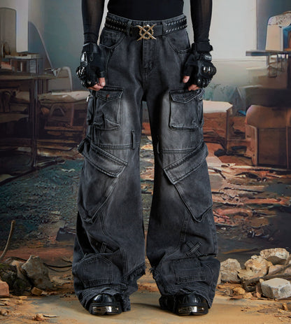 Deconstruction Multi-Pocket Washed Wide Leg Cargo Denim Jeans WN21333