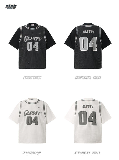 Fake Layered Mesh Number Print Short Sleeve T-Shirt WN26515