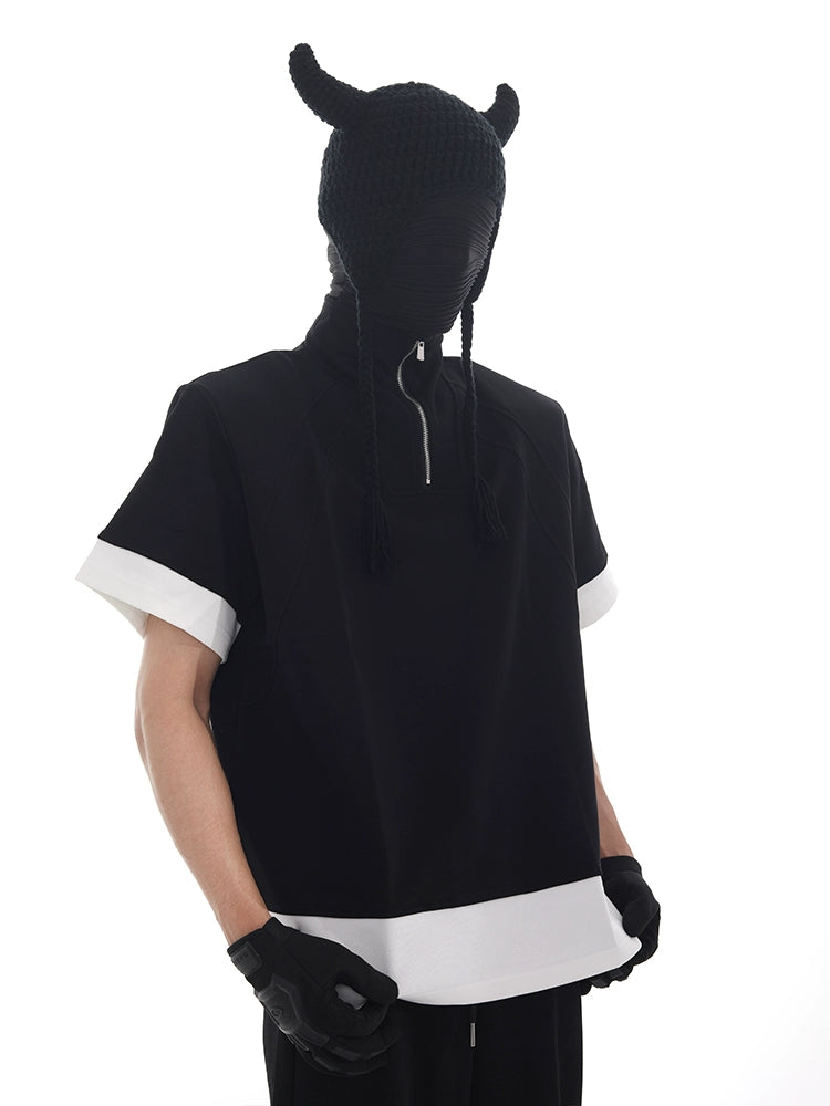 Half Zipper Stand Neck Shoulder-Pad Short Sleeve T-Shirt & Sweatpants Setup WN18620