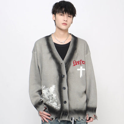 Spray Paint Zipper Damage Knit Cardigan WN21054