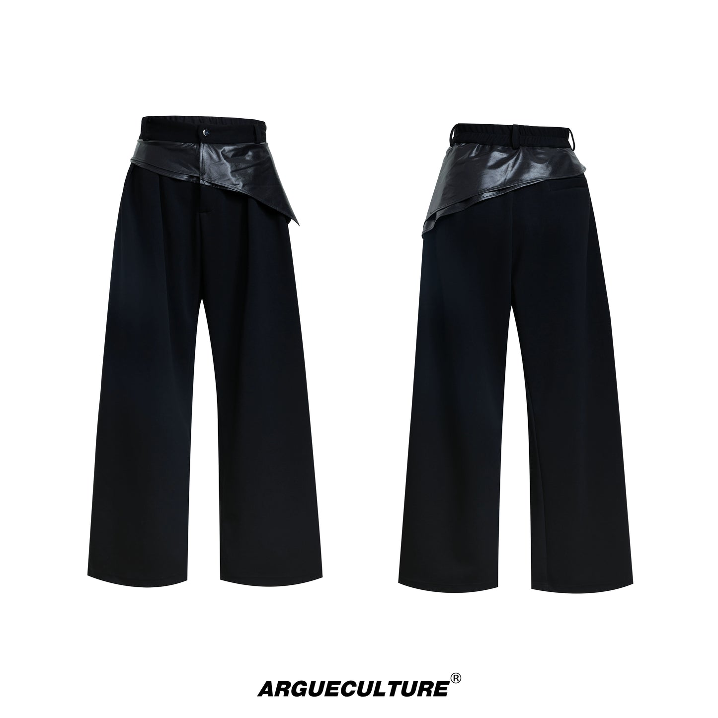 Glossy Double Collar Fake Layered Short Sleeve T-Shirt & Wide Leg Pants Setup WN18371