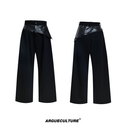 Glossy Double Collar Fake Layered Short Sleeve T-Shirt & Wide Leg Pants Setup WN18371