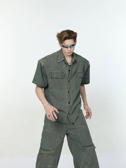 Oversize Denim Short Sleeve Shirt & Wide-Leg Cargo Denim Jeans Setup WN7321