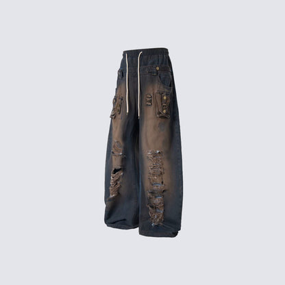 Damage Cargo Pocket Drawstring Wide Leg Denim Jeans WN27995