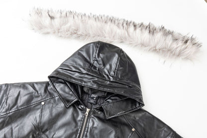 PU Leather Detachable Fur Collar Padded Parker Jacket WN11312