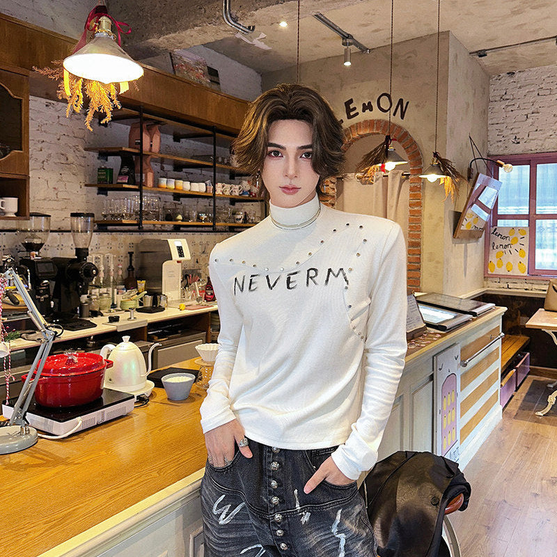 High-Neck Stud Letter Knit T-hsirt WN25145