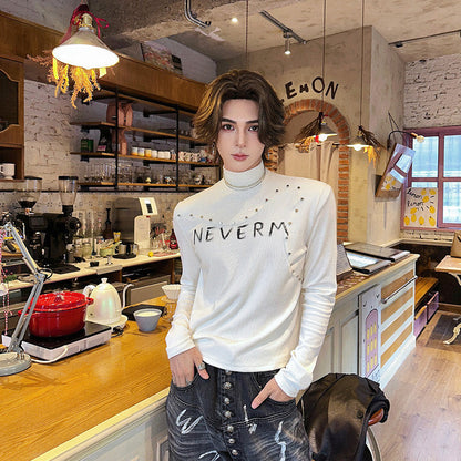 High-Neck Stud Letter Knit T-hsirt WN25145