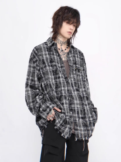 Oversize Damage Plaid Long Sleeve Shirt WN6957