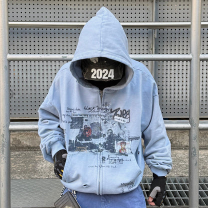 Graffiti Print Damage Zipper Hoodie WN24122