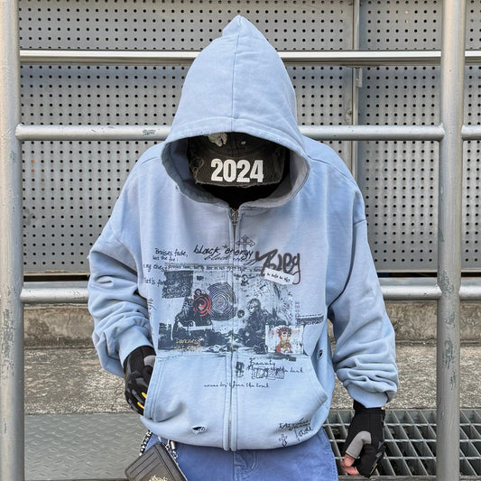 Graffiti Print Damage Zipper Hoodie WN24122