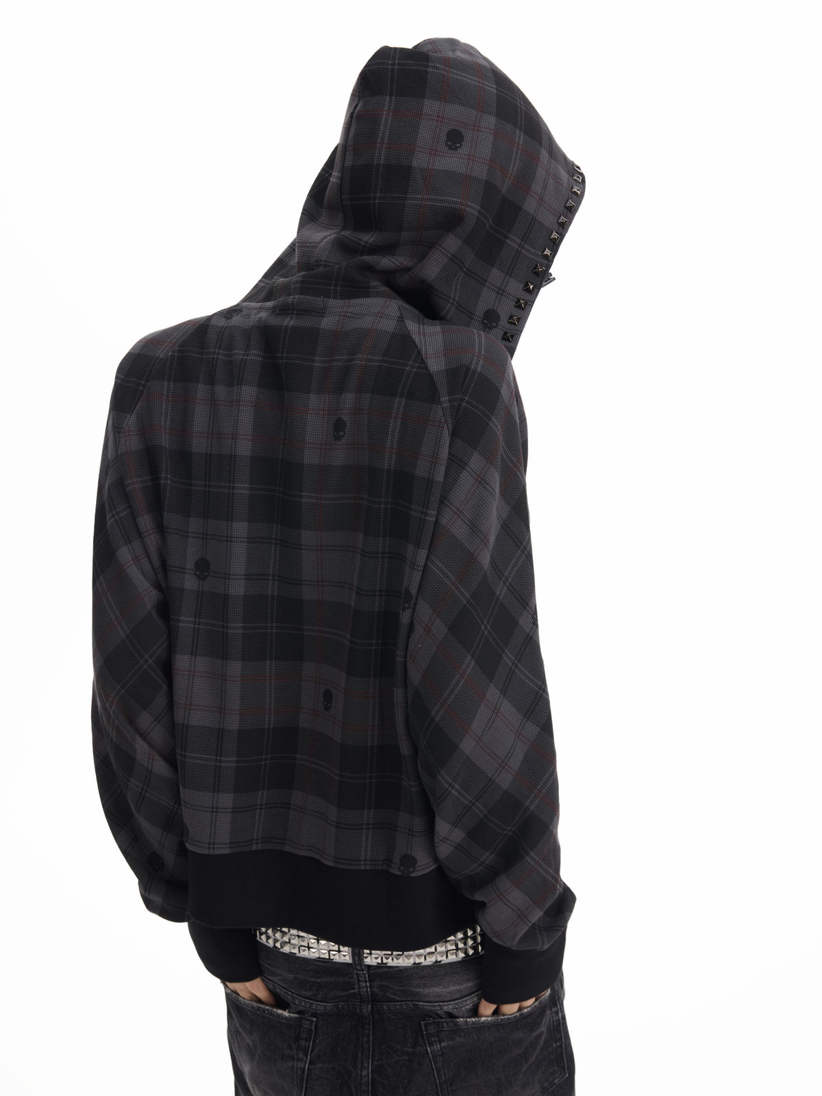 Hooded Plaid Studs Detail Jacket WN27182