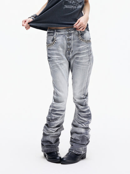 Stud Button Whisker Damage Denim Jeans WN27351
