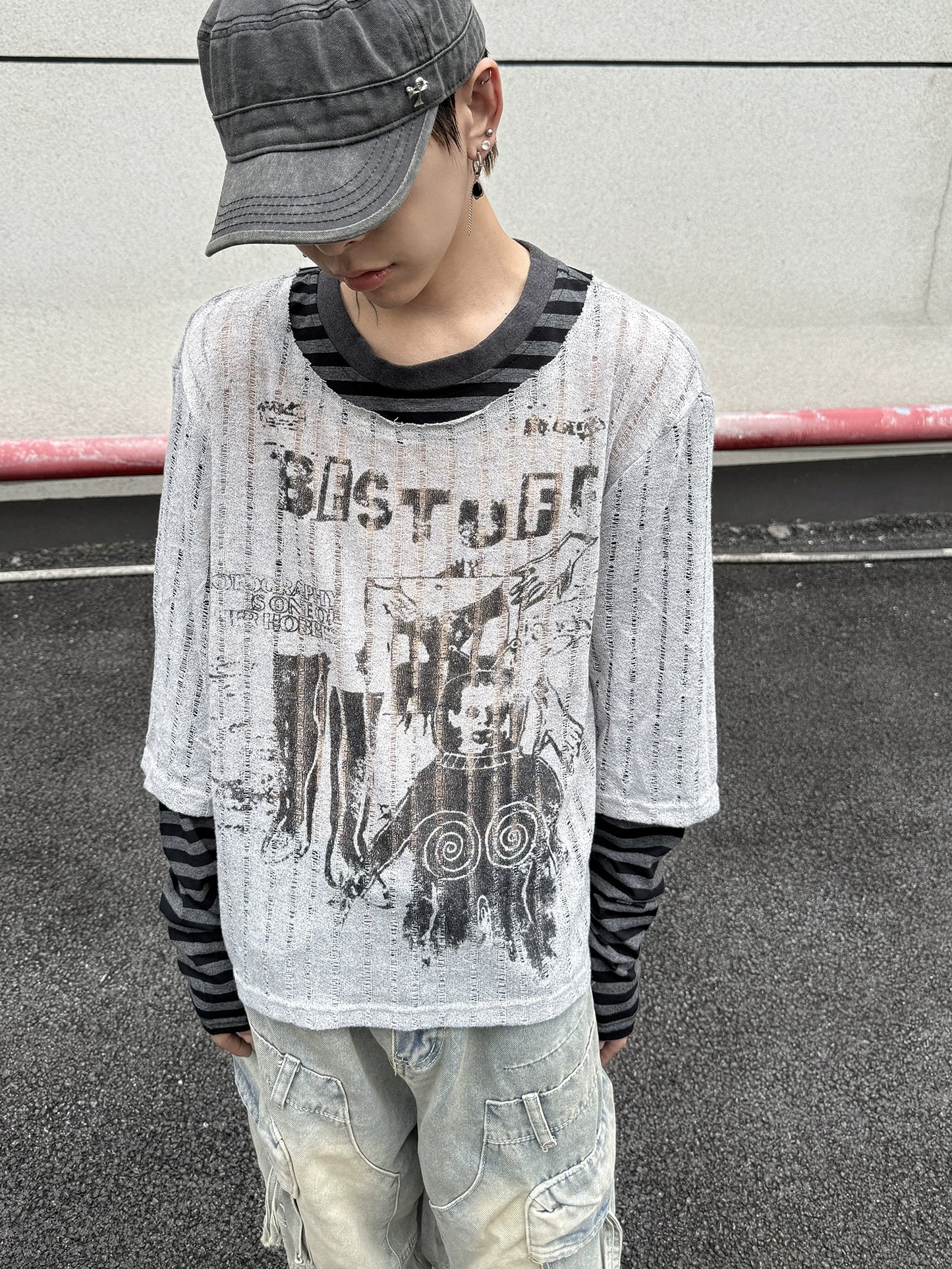 Fake Layered Stripe Hollow Print Long Sleeve T-Shirt WN21151