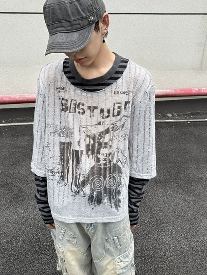 Fake Layered Stripe Hollow Print Long Sleeve T-Shirt WN21151
